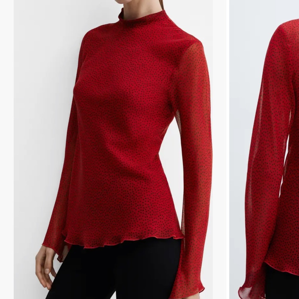 Mango Red Polka Dot Mock Neck Top